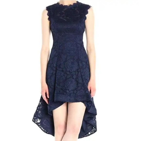 Betsy & Adam Black Lace High-Low Dress 8 Scalloped Eyelash Cutout Open Back 8 - Picture 4 of 10